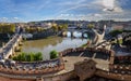 Panoramic view of Ponte Sant `Angelo or Aelian Bridge from Castel Sant `Angelo or castle of Holy Angel in Rome. Italy