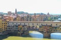 Panoramic view of The Ponte Vecchio or Old Bridge in Florence Italy, famous  tourist destination. Royalty Free Stock Photo