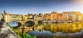 Panoramic view of Ponte Vecchio with river Arno at sunset, Florence, Italy Royalty Free Stock Photo