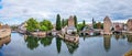 Panoramic view on The Ponts Couverts in Strasbourg with blue cloudy sky. France Royalty Free Stock Photo