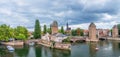 Panoramic view on The Ponts Couverts in Strasbourg with blue cloudy sky. France Royalty Free Stock Photo