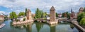 Panoramic view on The Ponts Couverts in Strasbourg with blue cloudy sky. France Royalty Free Stock Photo