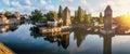 Panoramic view on The Ponts Couverts in Strasbourg with blue cloudy sky. France Royalty Free Stock Photo