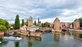 Panoramic view on The Ponts Couverts in Strasbourg with blue cloudy sky. France Royalty Free Stock Photo