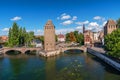 Panoramic view on The Ponts Couverts in Strasbourg with blue cloudy sky. France Royalty Free Stock Photo