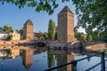 Panoramic view on The Ponts Couverts in Strasbourg with blue cloudy sky. France Royalty Free Stock Photo