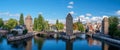 Panoramic view on The Ponts Couverts in Strasbourg with blue cloudy sky. France Royalty Free Stock Photo