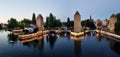 Panoramic view on The Ponts Couverts in Strasbourg in the twilight in the evening. France Royalty Free Stock Photo