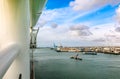 Panoramic view of port of Civitavecchia. Cruise ships, cargo ships and tourist ferries stand in harbor