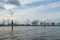 Panoramic view of the port of Hamburg in cloudy weather Royalty Free Stock Photo