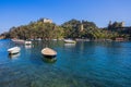 Panoramic view of Portofino harbor, an Italian fishing village, Genoa province, Italy. A tourist place with a picturesque harbour