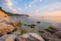 Panoramic view of Portonovo beach at sunset.