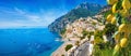 Panoramic view of Positano with comfortable beaches and blue sea on Amalfi Coast in Campania, Italy. Amalfi coast is popular Royalty Free Stock Photo