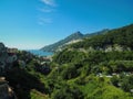 Panoramic view of Positano with comfortable beaches and blue sea on Amalfi Coast in Campania, Italy. Amalfi coast is popular Royalty Free Stock Photo