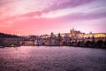 Panoramic View of Prague Castle, Charles Bridge and St Vitus Cathedral reflected in the Vltava river at dusk Royalty Free Stock Photo