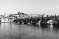 Panoramic view of Prague Castle and Charles Bridge on sunny spring morning, Praha, Czech Republic