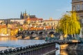 Panoramic view of Prague Castle, Charles Bridge and Vltava River from Novotny Foot-bridge. Prague, Czech Republic Royalty Free Stock Photo