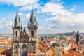 Panoramic view of Prague city with Tyn Church