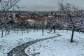 Panoramic view of Prague from Petrin Hill and Gardens, Czech republic. Prague winter panorama.Snowy day in the city.Amazing Royalty Free Stock Photo