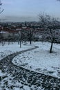 Panoramic view of Prague from Petrin Hill and Gardens, Czech republic. Prague winter panorama.Snowy day in the city.Amazing Royalty Free Stock Photo