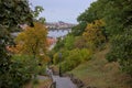 Panoramic view of Prague from Vysehrad with bridges over the Vltava river, Prague Castle in the background. Royalty Free Stock Photo