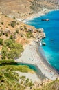 Panoramic View of Preveli Beach and Palm Tree Forest, Crete, Greece where the River Meats the Sea. Royalty Free Stock Photo