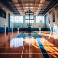 a panoramic view of a professional basketball court during a quiet moment in training