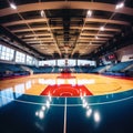 a panoramic view of a professional basketball court during a quiet moment in training