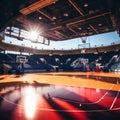 a panoramic view of a professional basketball court during a quiet moment in training