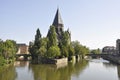 Panoramic view with Temple Neuf Church Island on Moselle river in Old Town of Metz City of France