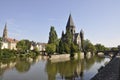 Panoramic view with Temple Neuf Church Island on Moselle river in Old Town of Metz City of France