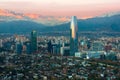 Panoramic view of Providencia and Las Condes districts with The Andes Mountain Range at sunset, Santiago