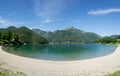 Panoramic view of the public beach Molina di Ledro. Lago Di Ledro, Italy