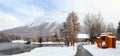 Panoramic view of the public park in the high alpine resort town of St. Moritz at the Lake St. Moritz. Switzerland Royalty Free Stock Photo