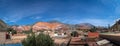 Panoramic view of Purmamarca town with Cerro de los siete colores on background - Purmamarca, Jujuy, Argentina Royalty Free Stock Photo