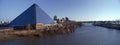 Panoramic view of the Pyramid Sports Arena in Memphis, TN with statue of Ramses at entrance