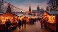 A panoramic view of a quaint Christmas market square
