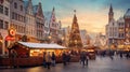 A panoramic view of a quaint Christmas market square,