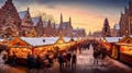 A panoramic view of a quaint Christmas market square