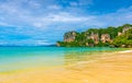 Panoramic view of Railay beach Krabi, Thailand. Beautiful tropical paradise with fresh blue water, hot sand and limestone rock Royalty Free Stock Photo