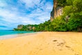 Panoramic view of Railay beach Krabi, Thailand. Beautiful tropical paradise with fresh blue water, hot sand and limestone rock Royalty Free Stock Photo