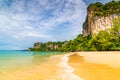 Panoramic view of Railay beach Krabi, Thailand. Beautiful tropical paradise with fresh blue water, hot sand and limestone rock Royalty Free Stock Photo