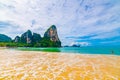 Panoramic view of Railay beach Krabi, Thailand. Beautiful tropical paradise with fresh blue water, hot sand and limestone rock Royalty Free Stock Photo