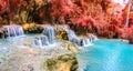 Panoramic view of rainforest waterfall, Tat Kuang Si Waterfall at Luang Prabang, Loas