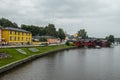 Panoramic view of the Red fisherman houses on the riverbank of Porvoo river. Porvoo, Finland. old town Royalty Free Stock Photo
