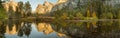 Panoramic view of the reflection of the landscape in the water of the Merced River in Yosemite National Park Royalty Free Stock Photo