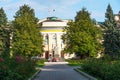 Panoramic view of the regional government in Veliky Novgorod and the war monument of Leonid Golikov