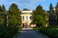 Panoramic view of the regional government in Veliky Novgorod and the war monument of Leonid Golikov