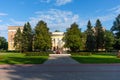 Panoramic view of the regional government in Veliky Novgorod and the war monument of Leonid Golikov