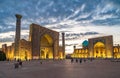 Panoramic view of Registan square, Samarkand, Uzbekistan with three madrasahs: Ulugh Beg, Tilya Kori and Sher-Dor Madrasah